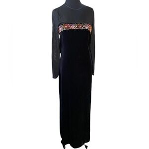 Vintage Donna Morgan black bejeweled beaded velvet sheer sleeve dress size 6